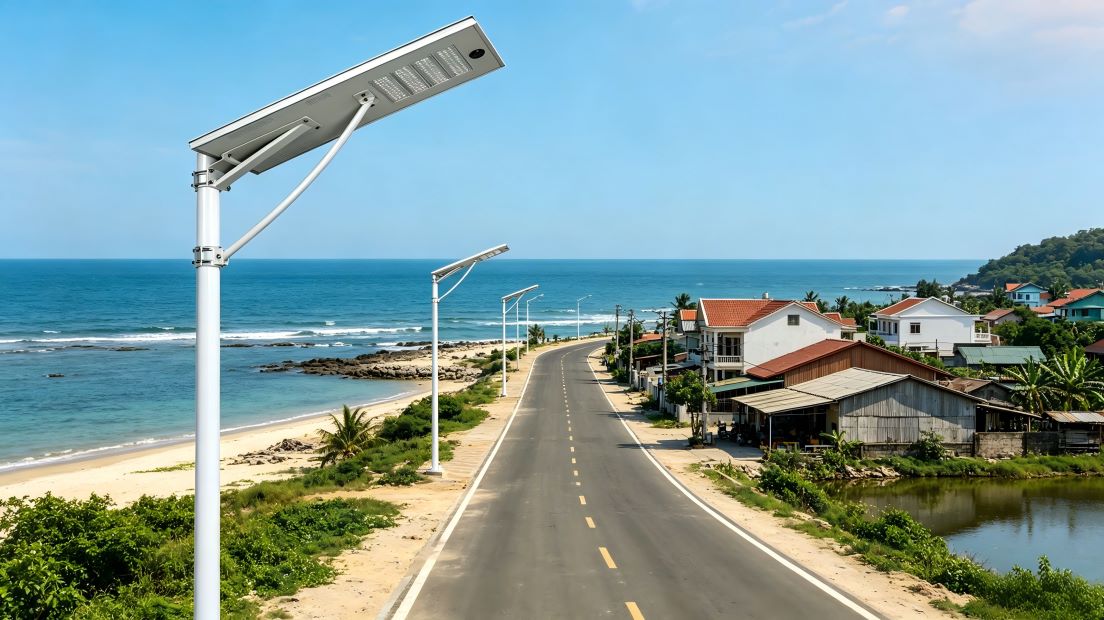 Project installation photo: 60W XCPB radar solar street lights installed along Vietnam coastal rural road, 12km road reconstruction project Project installation photo: 60W XCPB radar solar street lights installed along Vietnam coastal rural road, 12km road reconstruction project