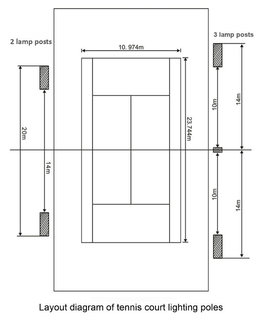 outdoor tennis court light pole layout drawing 2/3/4 poles per side competition standard