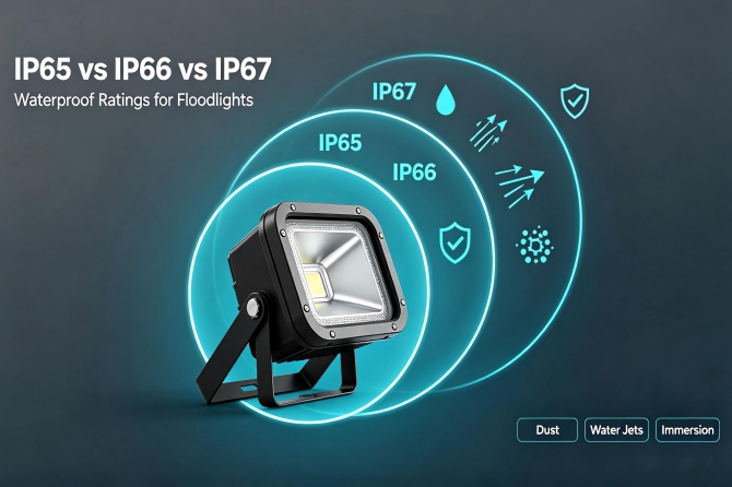 В чём разница между классами водозащиты IP65, IP66 и IP67 для прожекторов?