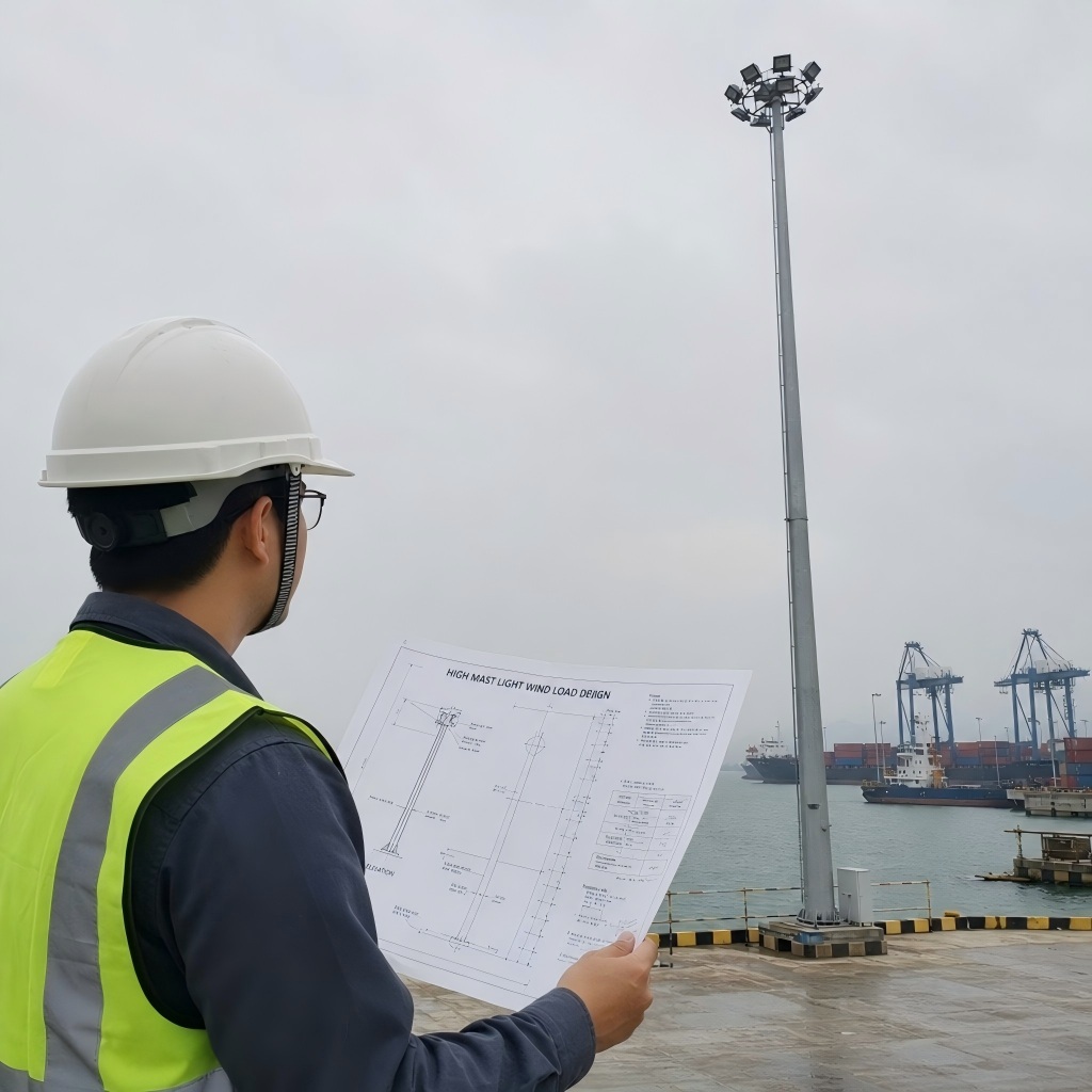 engineer reviewing high mast light wind load design near a coastal port engineer reviewing high mast light wind load design near a coastal port