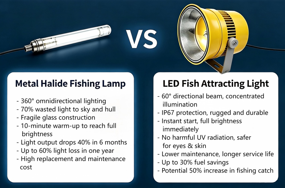 Side-by-side comparison diagram of marine LED fish light and metal halide fishing lamp 