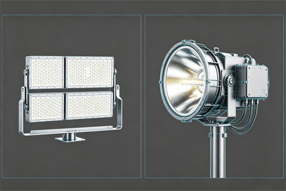 Side-by-side comparison of modular and integrated LED stadium flood light structure Side-by-side comparison of modular and integrated LED stadium flood light structure