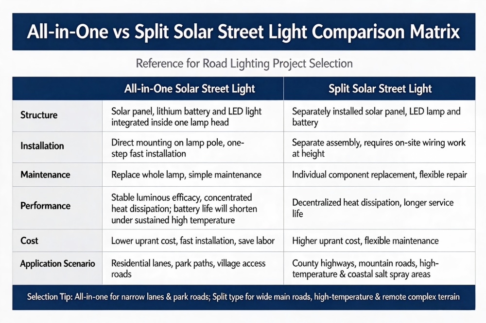 All in one and split solar street lights side-by-side comparison for road lighting project All in one and split solar street lights side-by-side comparison for road lighting project